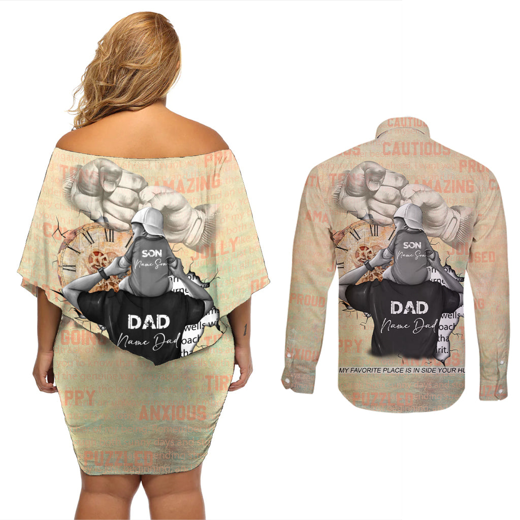Personalized Father And Son Couples Matching Off Shoulder Short Dress and Long Sleeve Button Shirt Gift for Dad - Wonder Print Shop