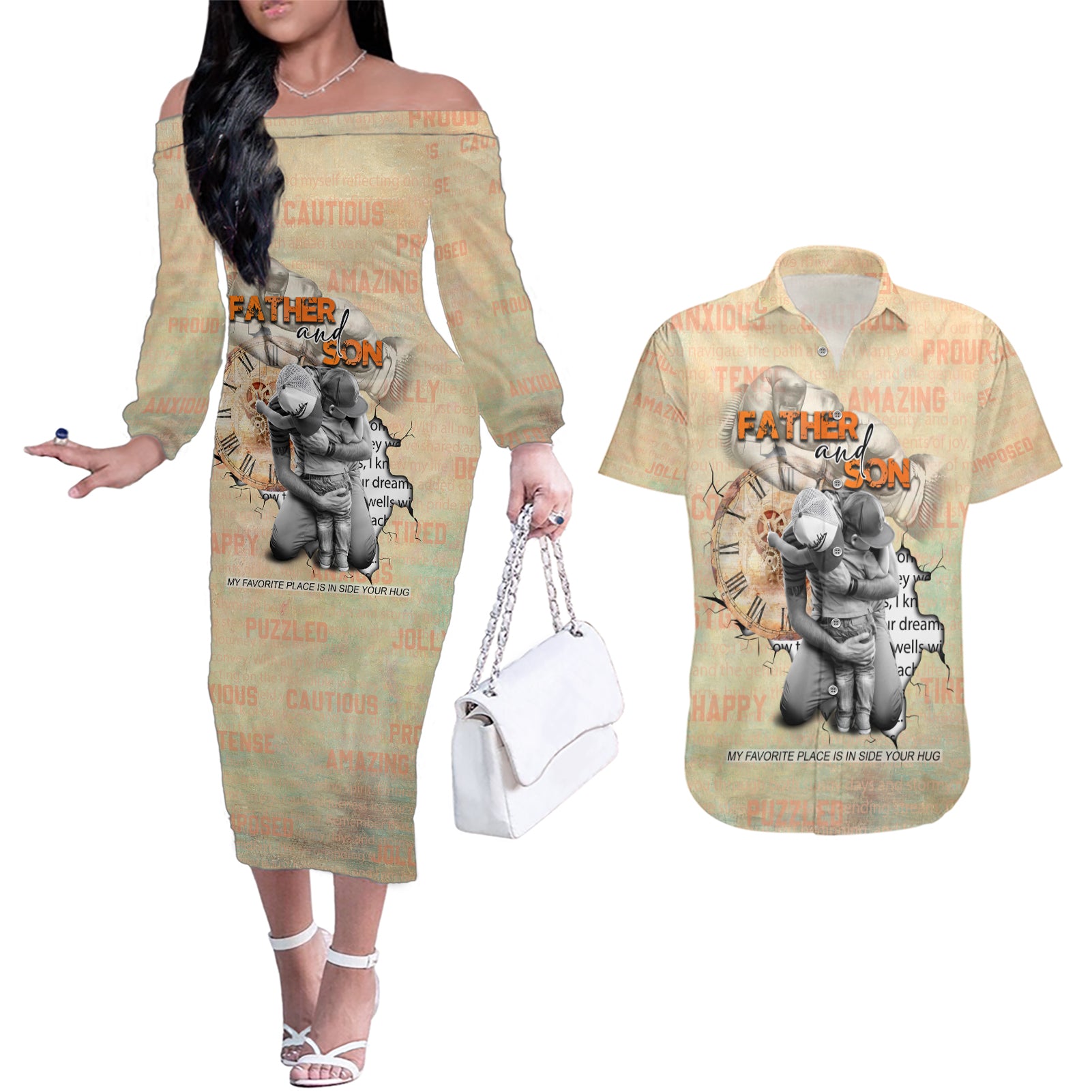 Personalized Father And Son Couples Matching Off The Shoulder Long Sleeve Dress and Hawaiian Shirt Gift for Dad - Wonder Print Shop