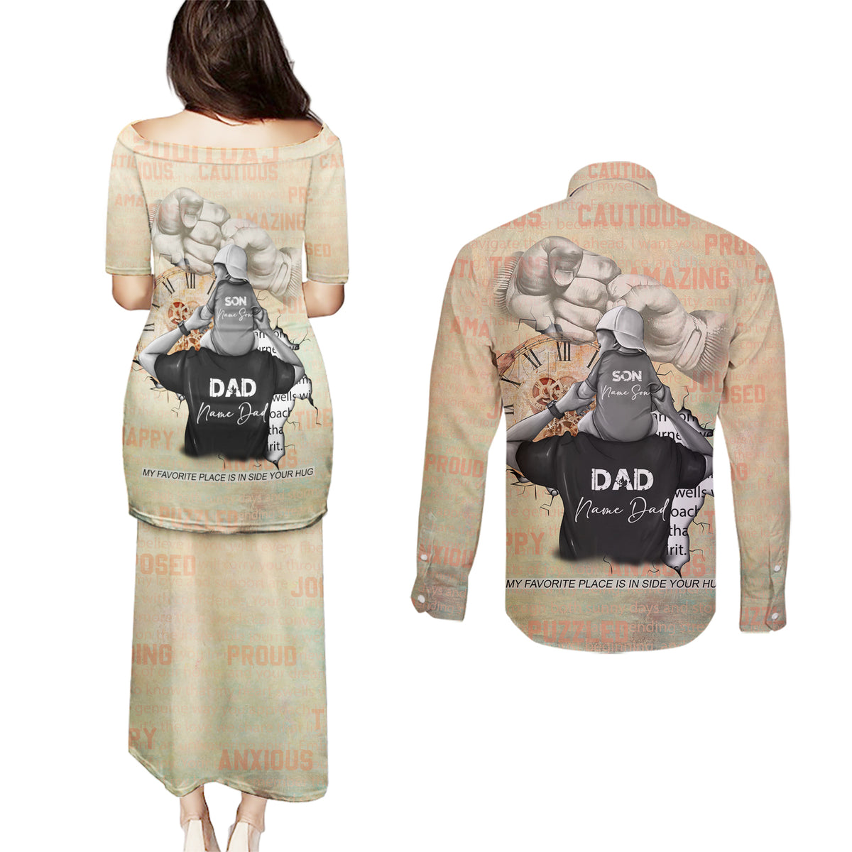 Personalized Father And Son Couples Matching Puletasi and Long Sleeve Button Shirt Gift for Dad - Wonder Print Shop