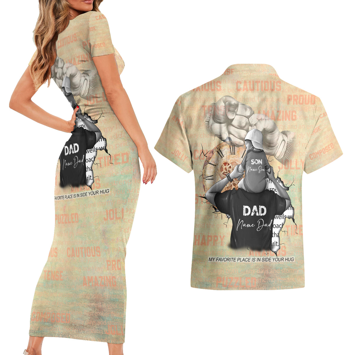 Personalized Father And Son Couples Matching Short Sleeve Bodycon Dress and Hawaiian Shirt Gift for Dad - Wonder Print Shop