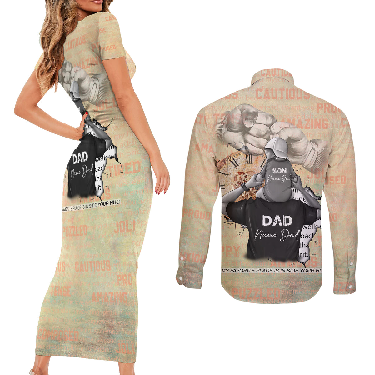 Personalized Father And Son Couples Matching Short Sleeve Bodycon Dress and Long Sleeve Button Shirt Gift for Dad - Wonder Print Shop