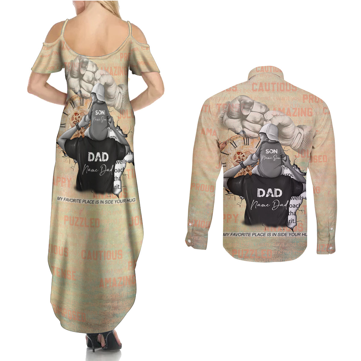 Personalized Father And Son Couples Matching Summer Maxi Dress and Long Sleeve Button Shirt Gift for Dad - Wonder Print Shop