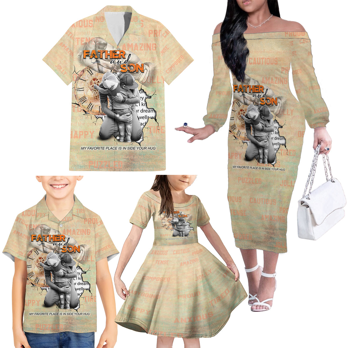 Personalized Father And Son Family Matching Off The Shoulder Long Sleeve Dress and Hawaiian Shirt Gift for Dad - Wonder Print Shop