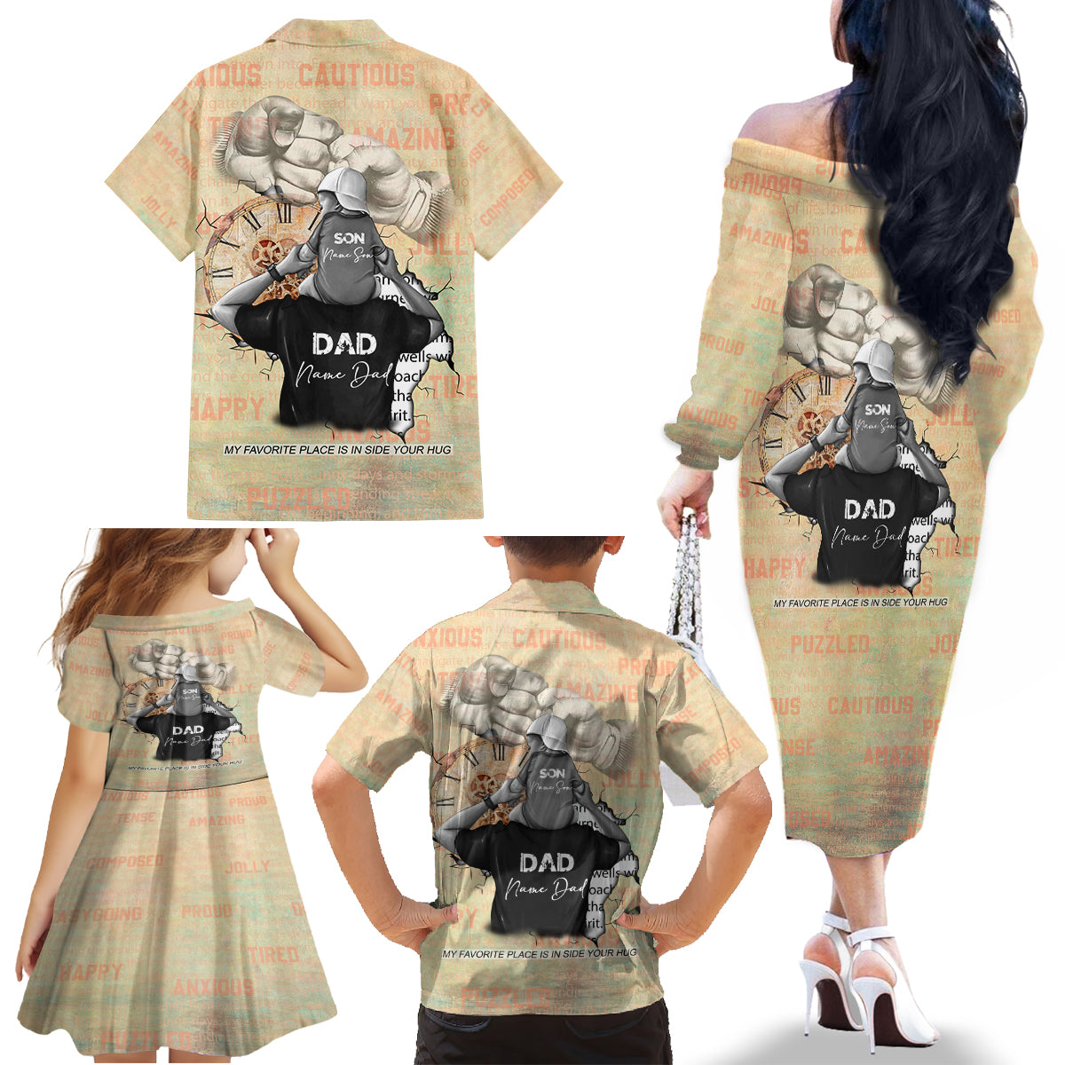 Personalized Father And Son Family Matching Off The Shoulder Long Sleeve Dress and Hawaiian Shirt Gift for Dad - Wonder Print Shop