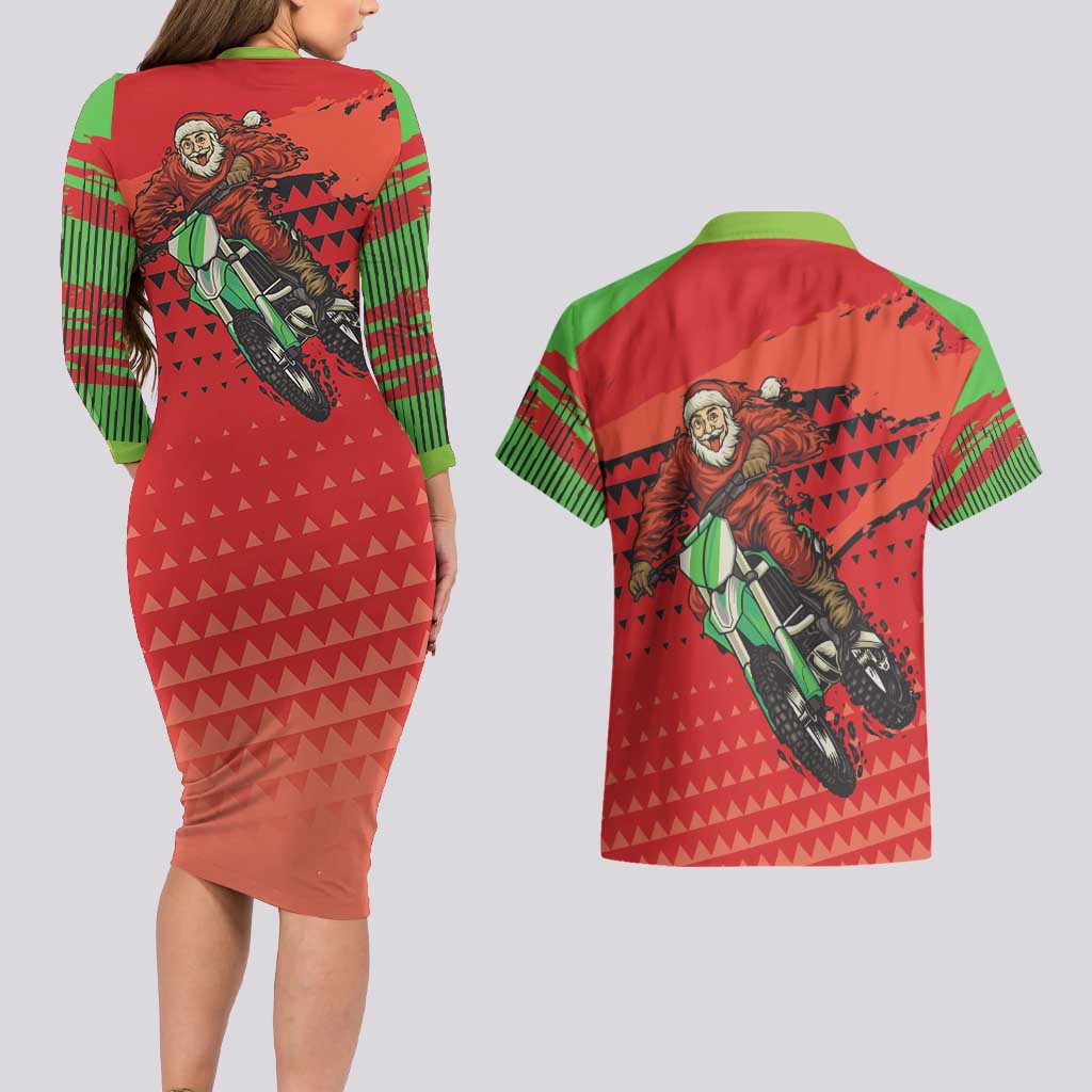 Braaap Couples Matching Long Sleeve Bodycon Dress and Hawaiian Shirt Motorcross Santa Christmas - Wonder Print Shop