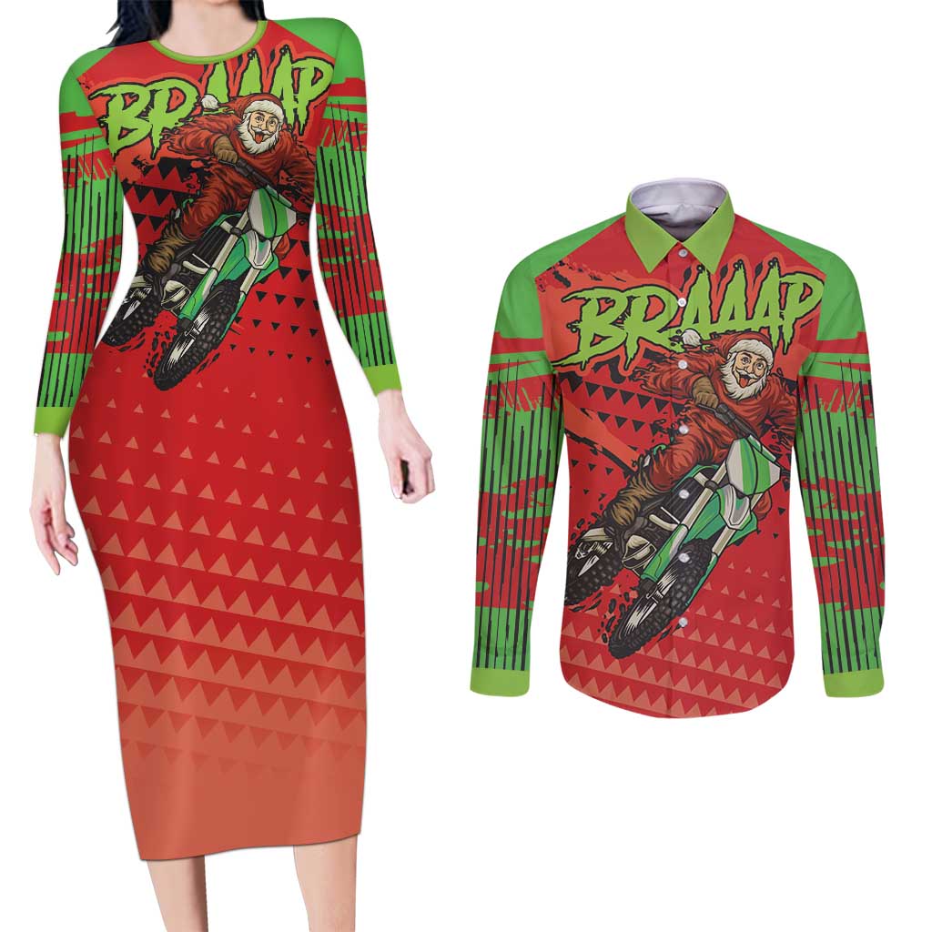 Braaap Couples Matching Long Sleeve Bodycon Dress and Long Sleeve Button Shirt Motorcross Santa Christmas - Wonder Print Shop
