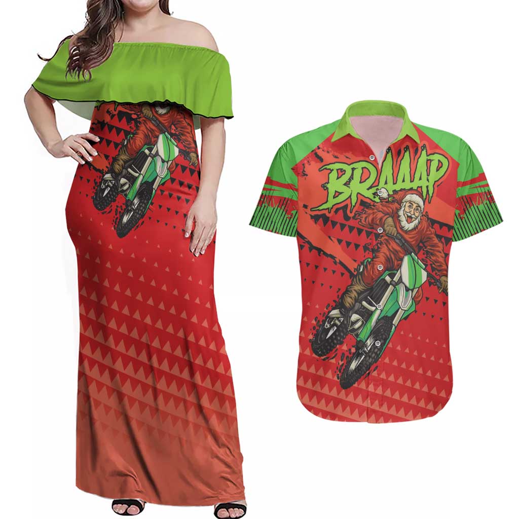 Braaap Couples Matching Off Shoulder Maxi Dress and Hawaiian Shirt Motorcross Santa Christmas - Wonder Print Shop