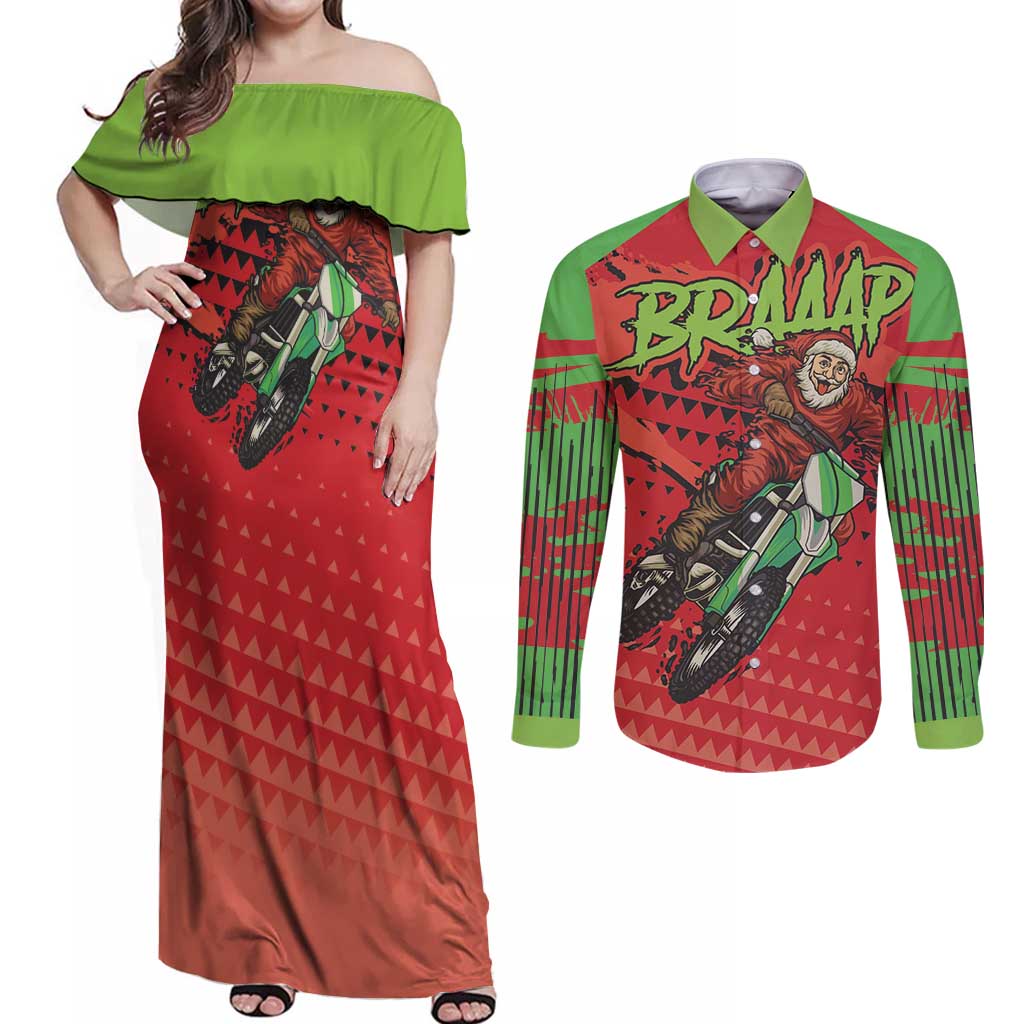 Braaap Couples Matching Off Shoulder Maxi Dress and Long Sleeve Button Shirt Motorcross Santa Christmas - Wonder Print Shop