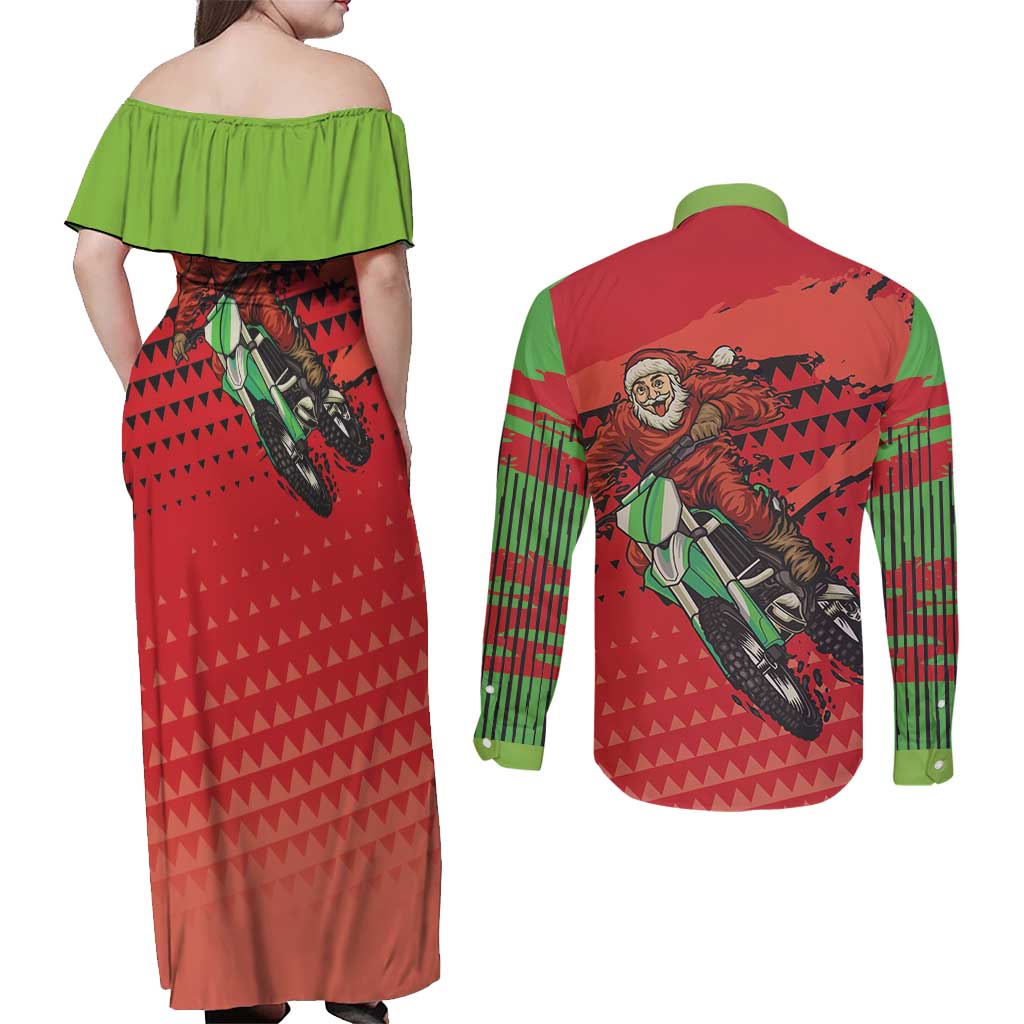 Braaap Couples Matching Off Shoulder Maxi Dress and Long Sleeve Button Shirt Motorcross Santa Christmas - Wonder Print Shop