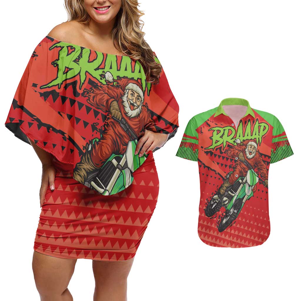 Braaap Couples Matching Off Shoulder Short Dress and Hawaiian Shirt Motorcross Santa Christmas - Wonder Print Shop