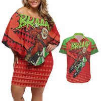 Braaap Couples Matching Off Shoulder Short Dress and Hawaiian Shirt Motorcross Santa Christmas - Wonder Print Shop