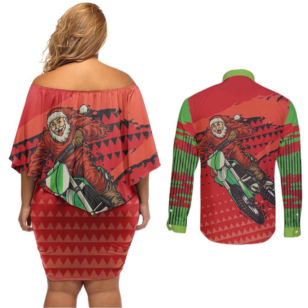 Braaap Couples Matching Off Shoulder Short Dress and Long Sleeve Button Shirt Motorcross Santa Christmas - Wonder Print Shop