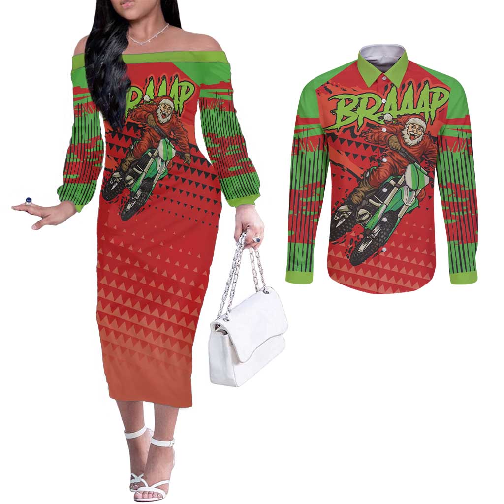 Braaap Couples Matching Off The Shoulder Long Sleeve Dress and Long Sleeve Button Shirt Motorcross Santa Christmas