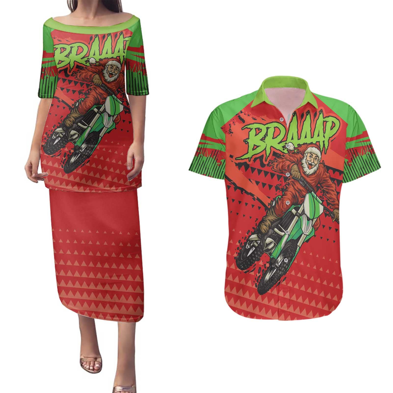 Braaap Couples Matching Puletasi and Hawaiian Shirt Motorcross Santa Christmas - Wonder Print Shop