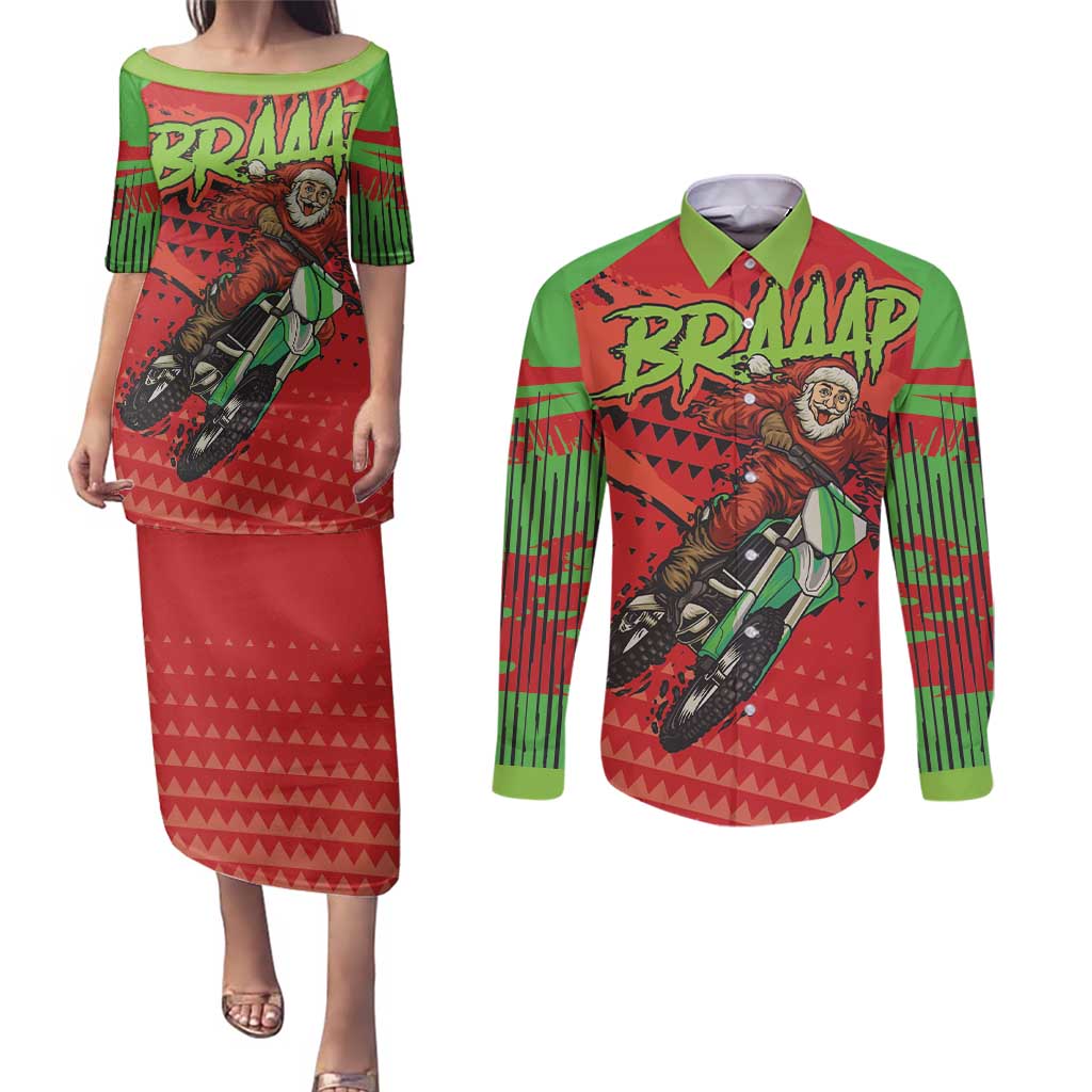 Braaap Couples Matching Puletasi and Long Sleeve Button Shirt Motorcross Santa Christmas - Wonder Print Shop