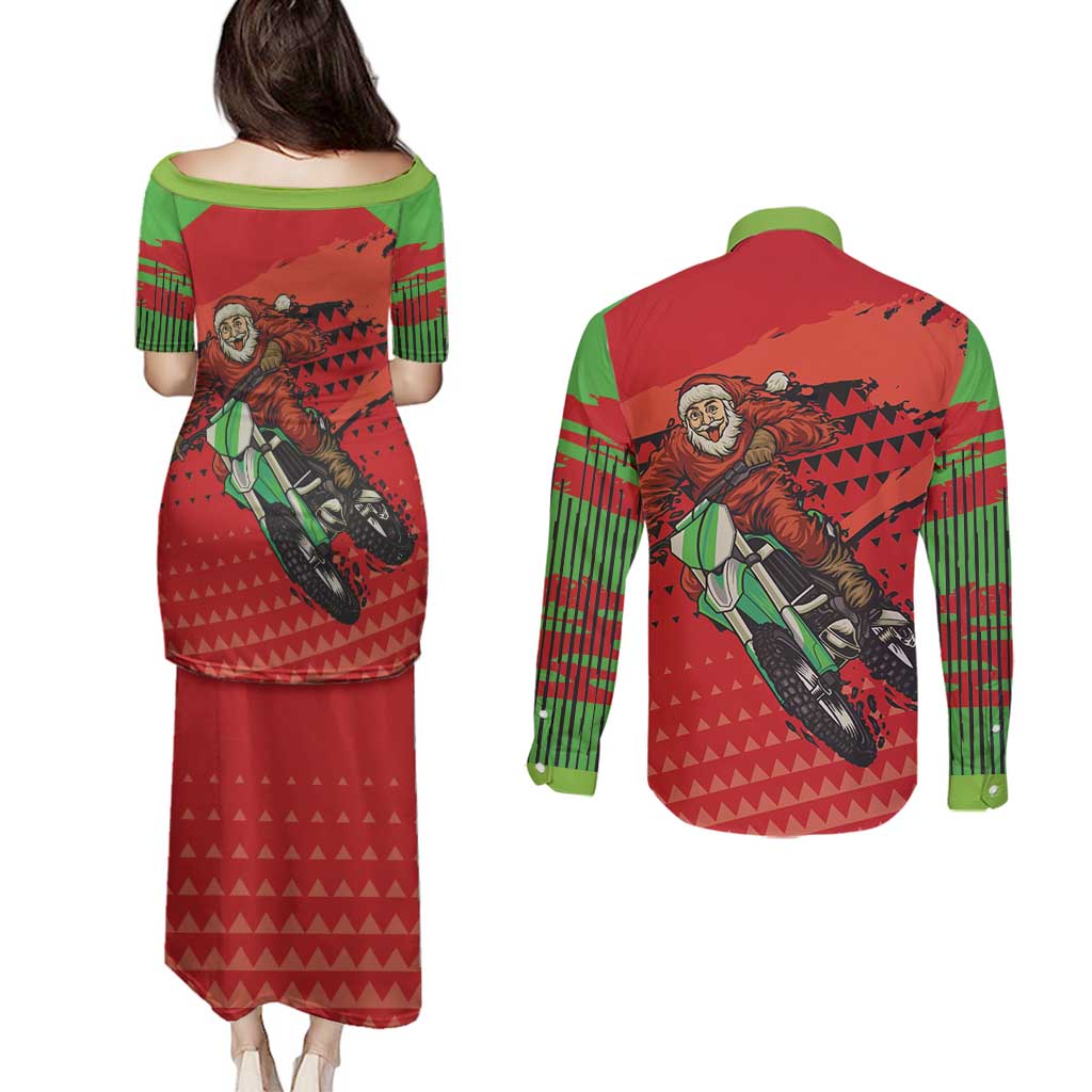 Braaap Couples Matching Puletasi and Long Sleeve Button Shirt Motorcross Santa Christmas - Wonder Print Shop