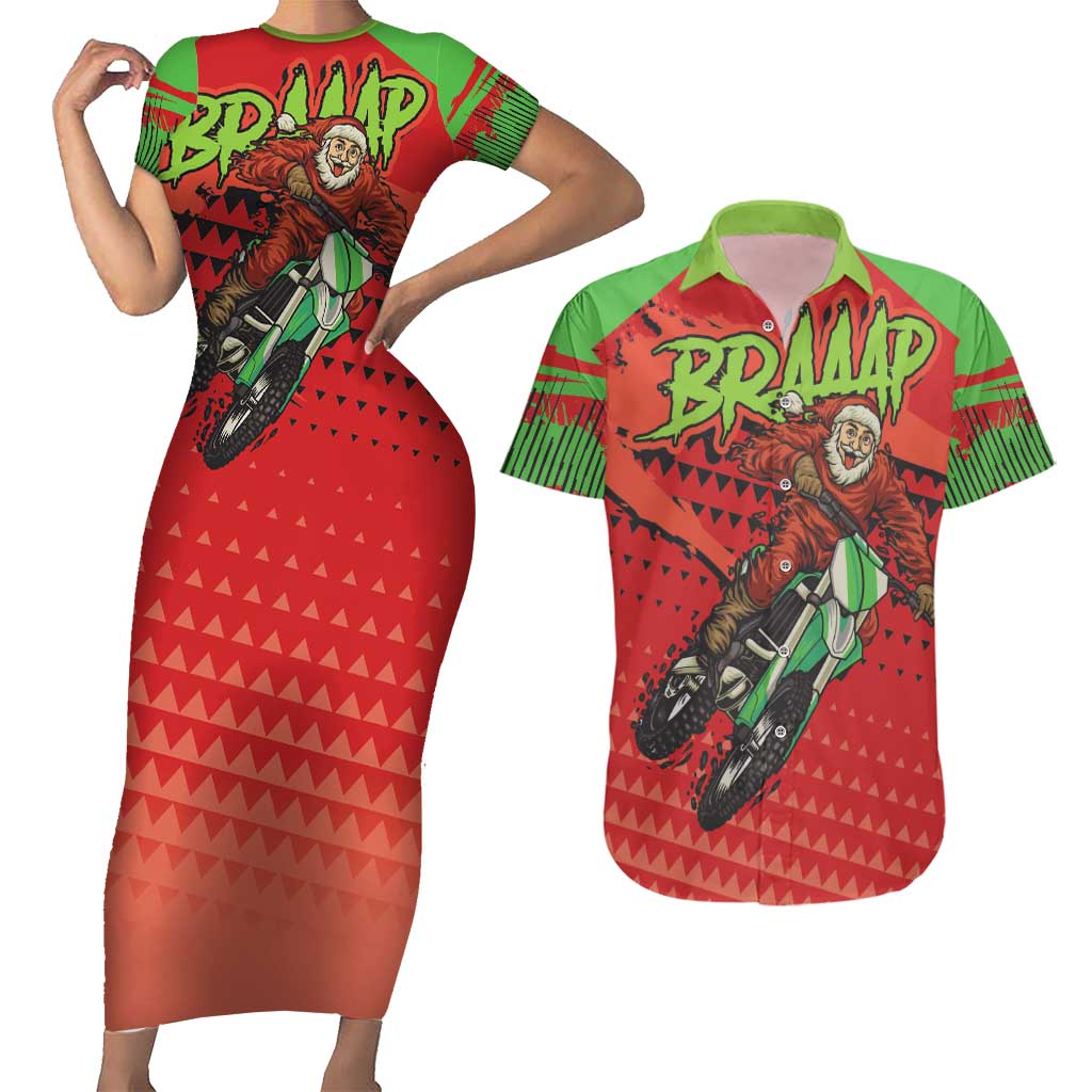Braaap Couples Matching Short Sleeve Bodycon Dress and Hawaiian Shirt Motorcross Santa Christmas - Wonder Print Shop
