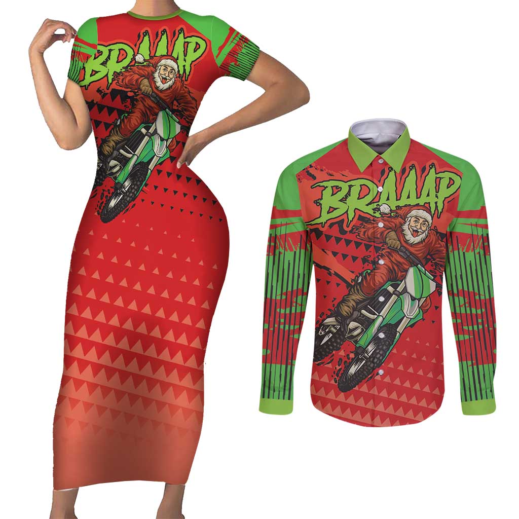 Braaap Couples Matching Short Sleeve Bodycon Dress and Long Sleeve Button Shirt Motorcross Santa Christmas - Wonder Print Shop