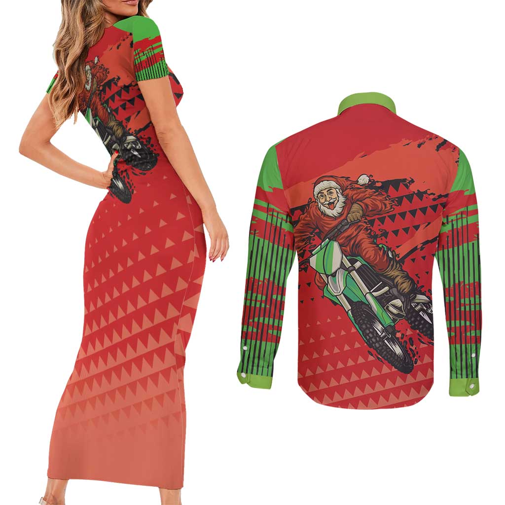 Braaap Couples Matching Short Sleeve Bodycon Dress and Long Sleeve Button Shirt Motorcross Santa Christmas - Wonder Print Shop