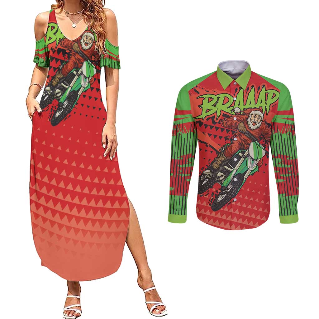 Braaap Couples Matching Summer Maxi Dress and Long Sleeve Button Shirt Motorcross Santa Christmas - Wonder Print Shop