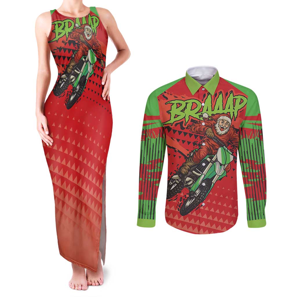 Braaap Couples Matching Tank Maxi Dress and Long Sleeve Button Shirt Motorcross Santa Christmas - Wonder Print Shop
