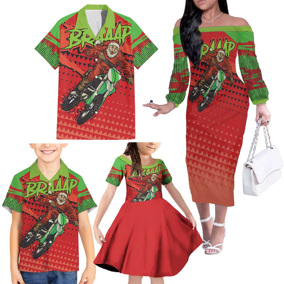 Braaap Family Matching Off The Shoulder Long Sleeve Dress and Hawaiian Shirt Motorcross Santa Christmas - Wonder Print Shop