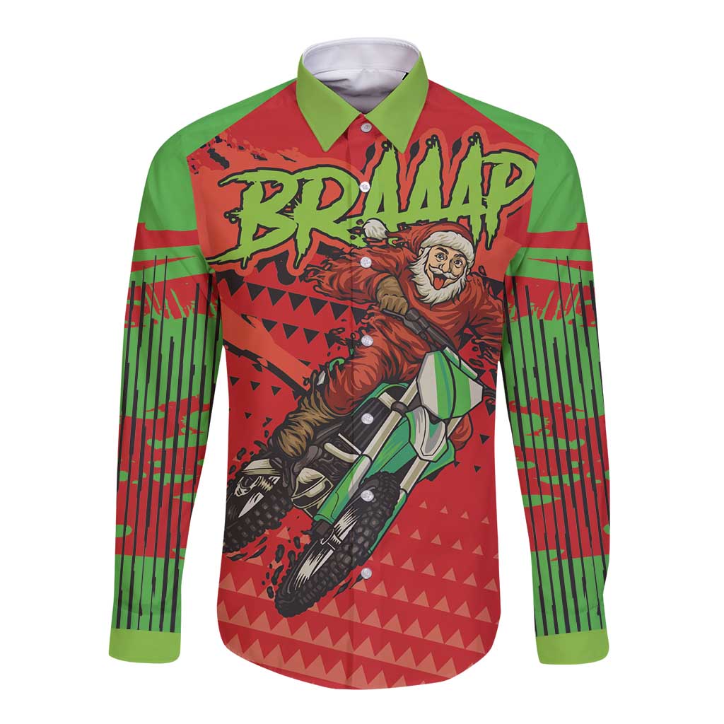 Braaap Long Sleeve Button Shirt Motorcross Santa Christmas - Wonder Print Shop