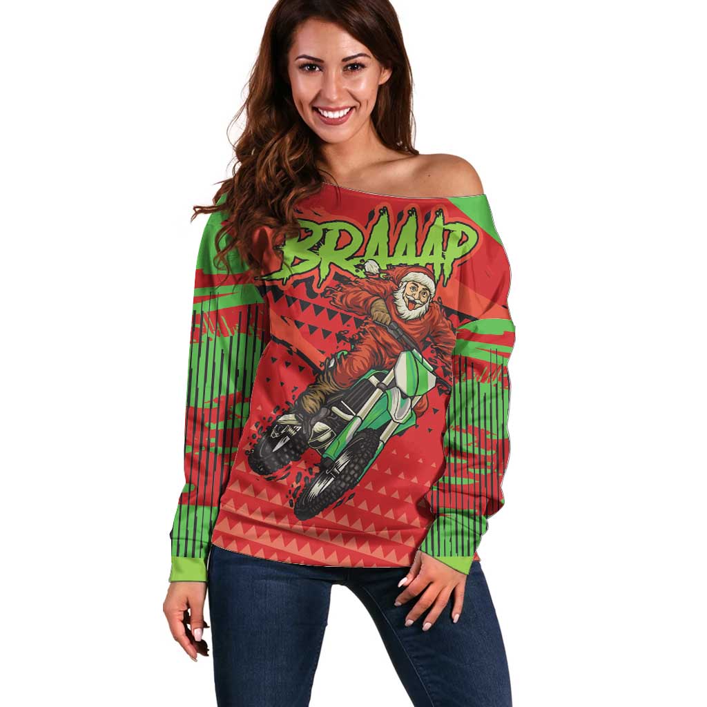 Braaap Off Shoulder Sweater Motorcross Santa Christmas - Wonder Print Shop