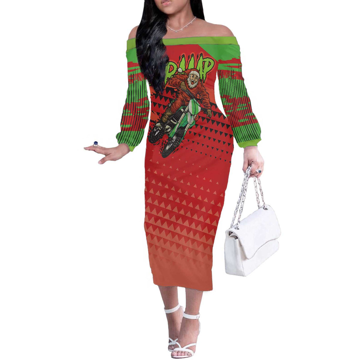 Braaap Off The Shoulder Long Sleeve Dress Motorcross Santa Christmas - Wonder Print Shop