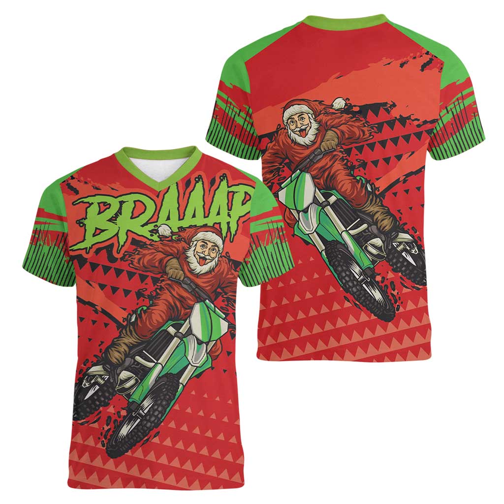 Braaap Women V-Neck T-Shirt Motorcross Santa Christmas - Wonder Print Shop