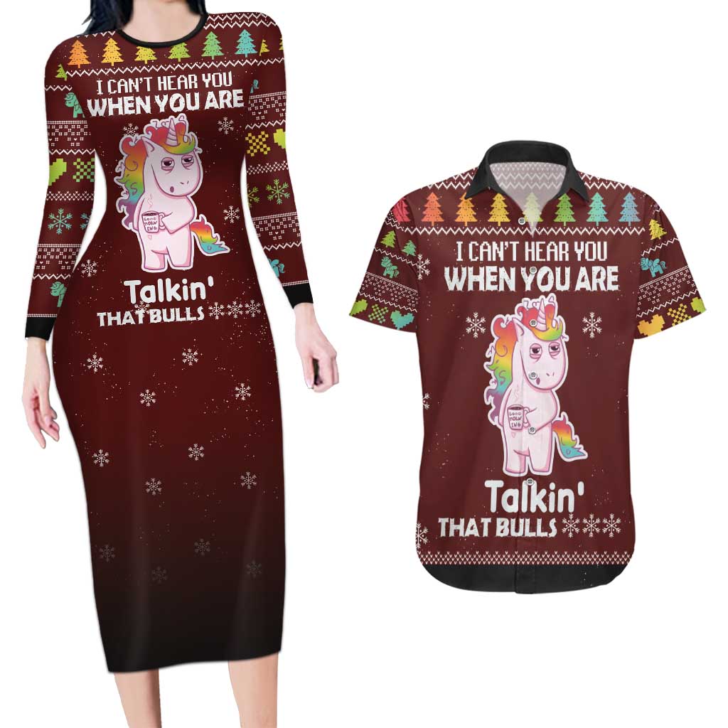 Cant Hear You Unicorn Christmas Couples Matching Long Sleeve Bodycon Dress and Hawaiian Shirt - Wonder Print Shop