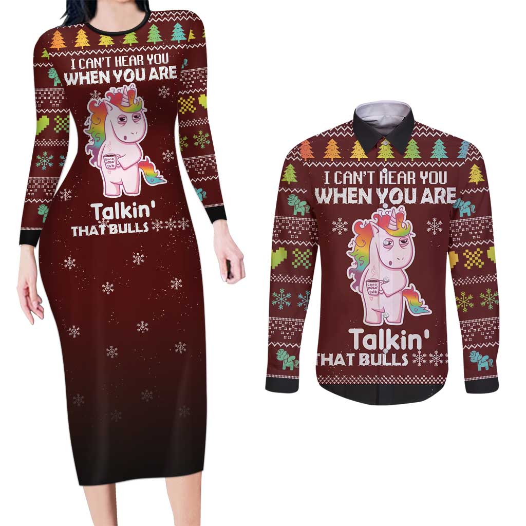 Cant Hear You Unicorn Christmas Couples Matching Long Sleeve Bodycon Dress and Long Sleeve Button Shirt - Wonder Print Shop