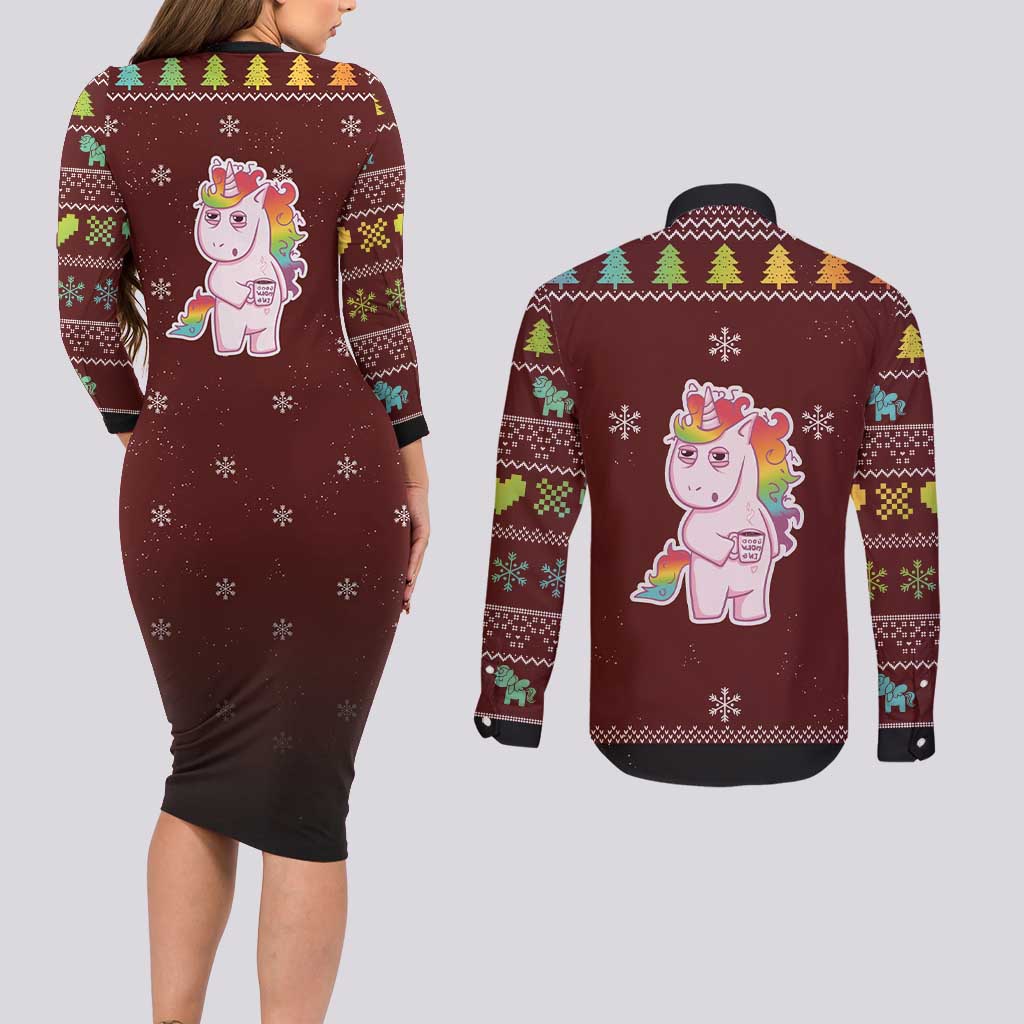 Cant Hear You Unicorn Christmas Couples Matching Long Sleeve Bodycon Dress and Long Sleeve Button Shirt - Wonder Print Shop