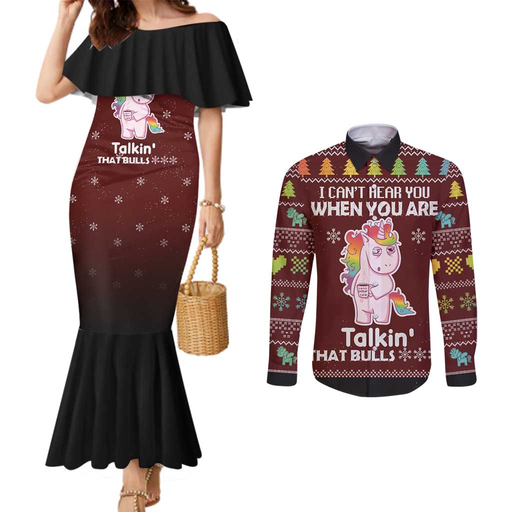 Cant Hear You Unicorn Christmas Couples Matching Mermaid Dress and Long Sleeve Button Shirt