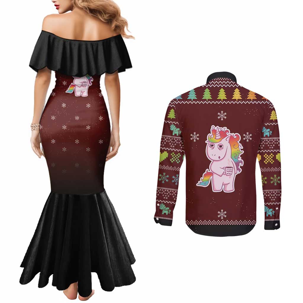 Cant Hear You Unicorn Christmas Couples Matching Mermaid Dress and Long Sleeve Button Shirt