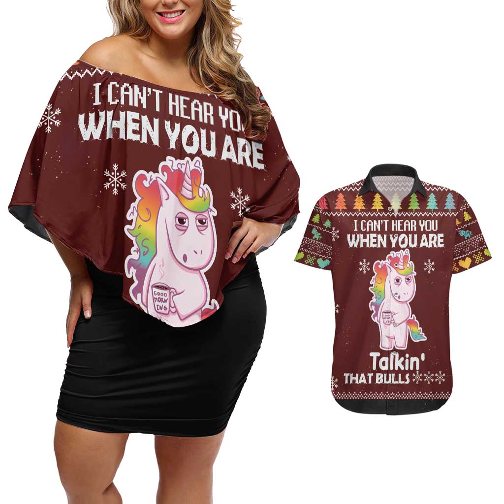 Cant Hear You Unicorn Christmas Couples Matching Off Shoulder Short Dress and Hawaiian Shirt - Wonder Print Shop