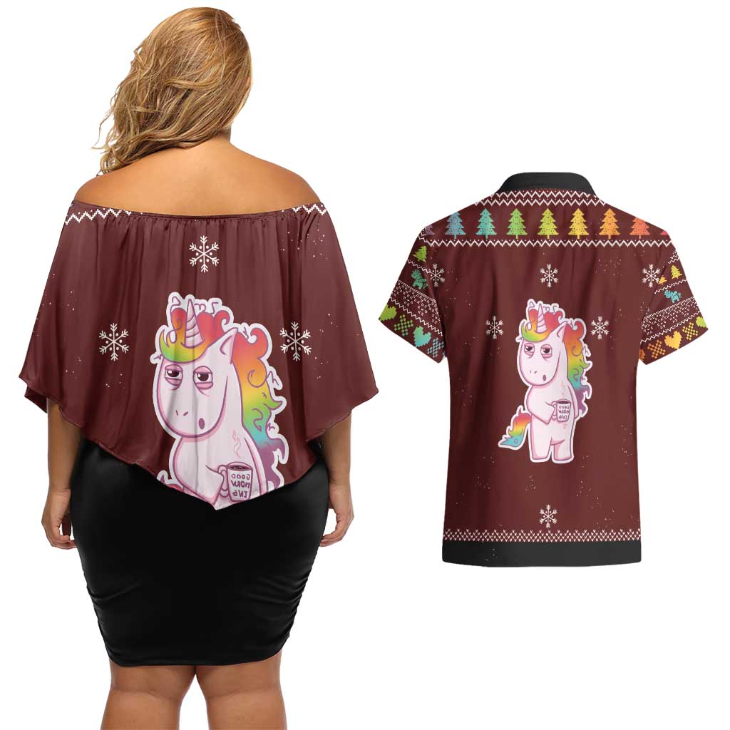 Cant Hear You Unicorn Christmas Couples Matching Off Shoulder Short Dress and Hawaiian Shirt - Wonder Print Shop