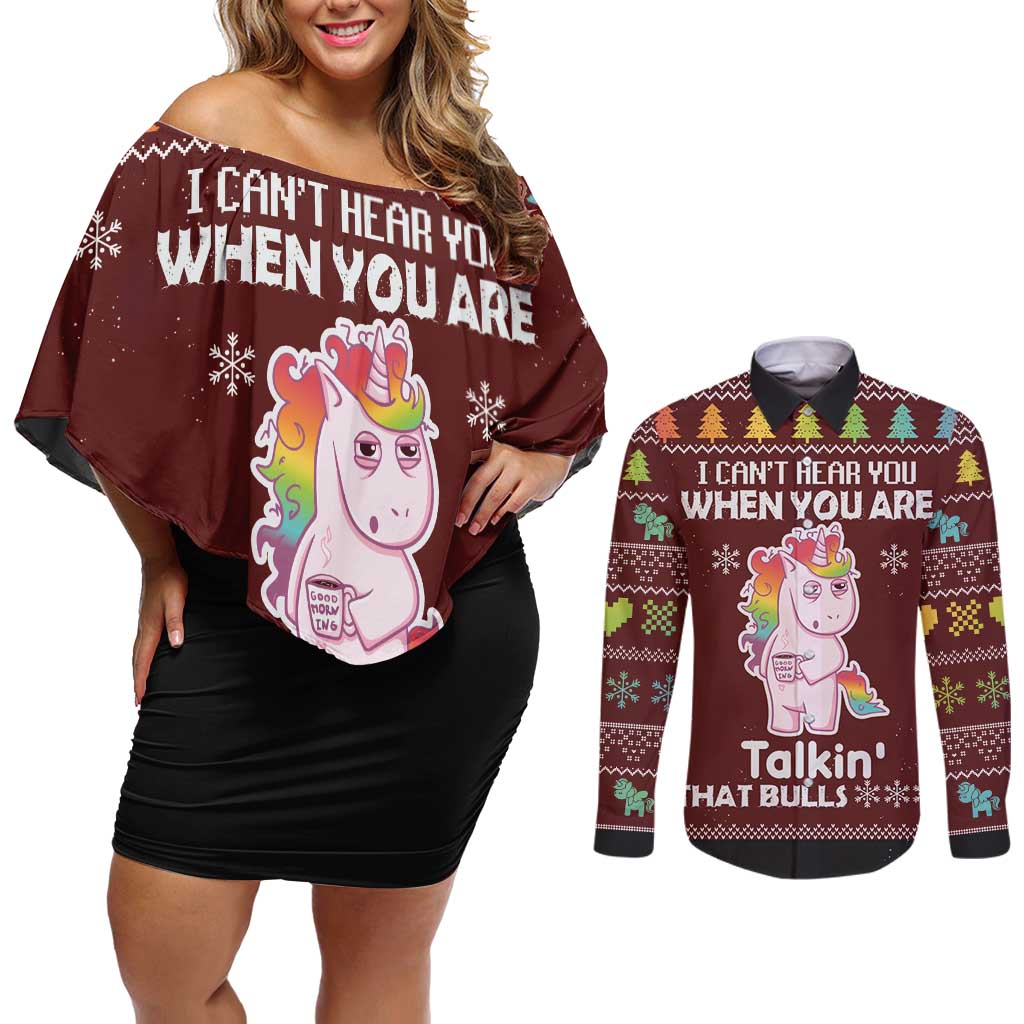 Cant Hear You Unicorn Christmas Couples Matching Off Shoulder Short Dress and Long Sleeve Button Shirt - Wonder Print Shop