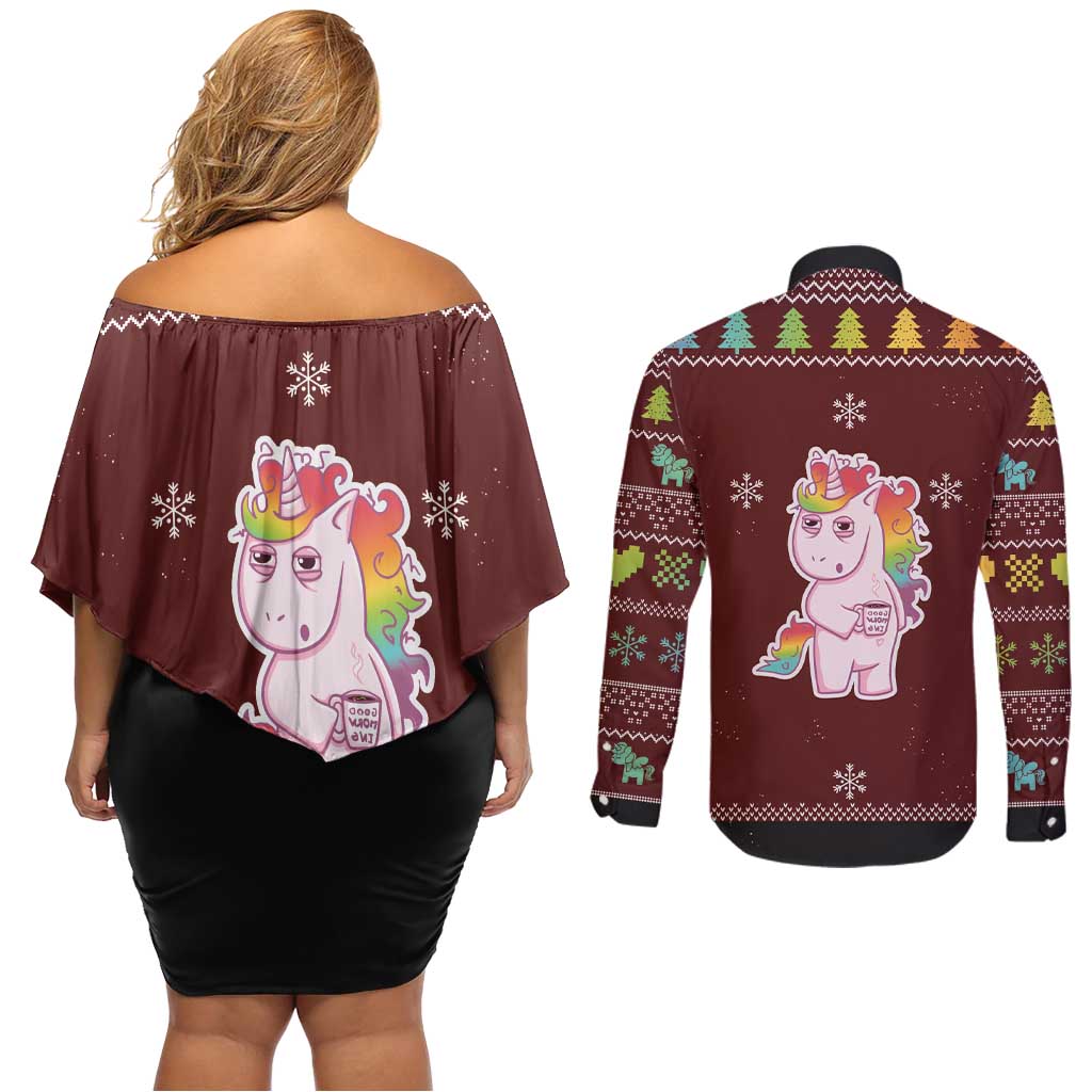 Cant Hear You Unicorn Christmas Couples Matching Off Shoulder Short Dress and Long Sleeve Button Shirt - Wonder Print Shop