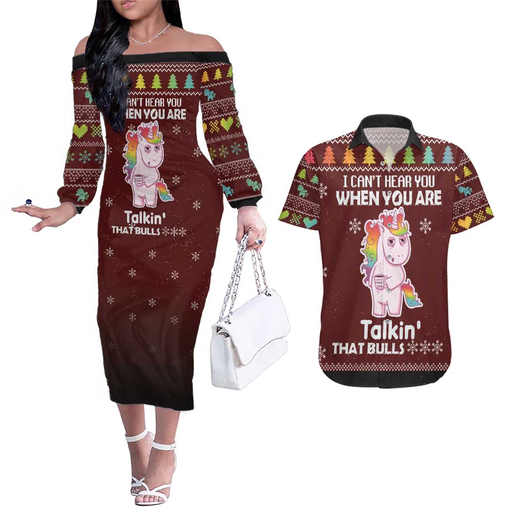 Cant Hear You Unicorn Christmas Couples Matching Off The Shoulder Long Sleeve Dress and Hawaiian Shirt - Wonder Print Shop