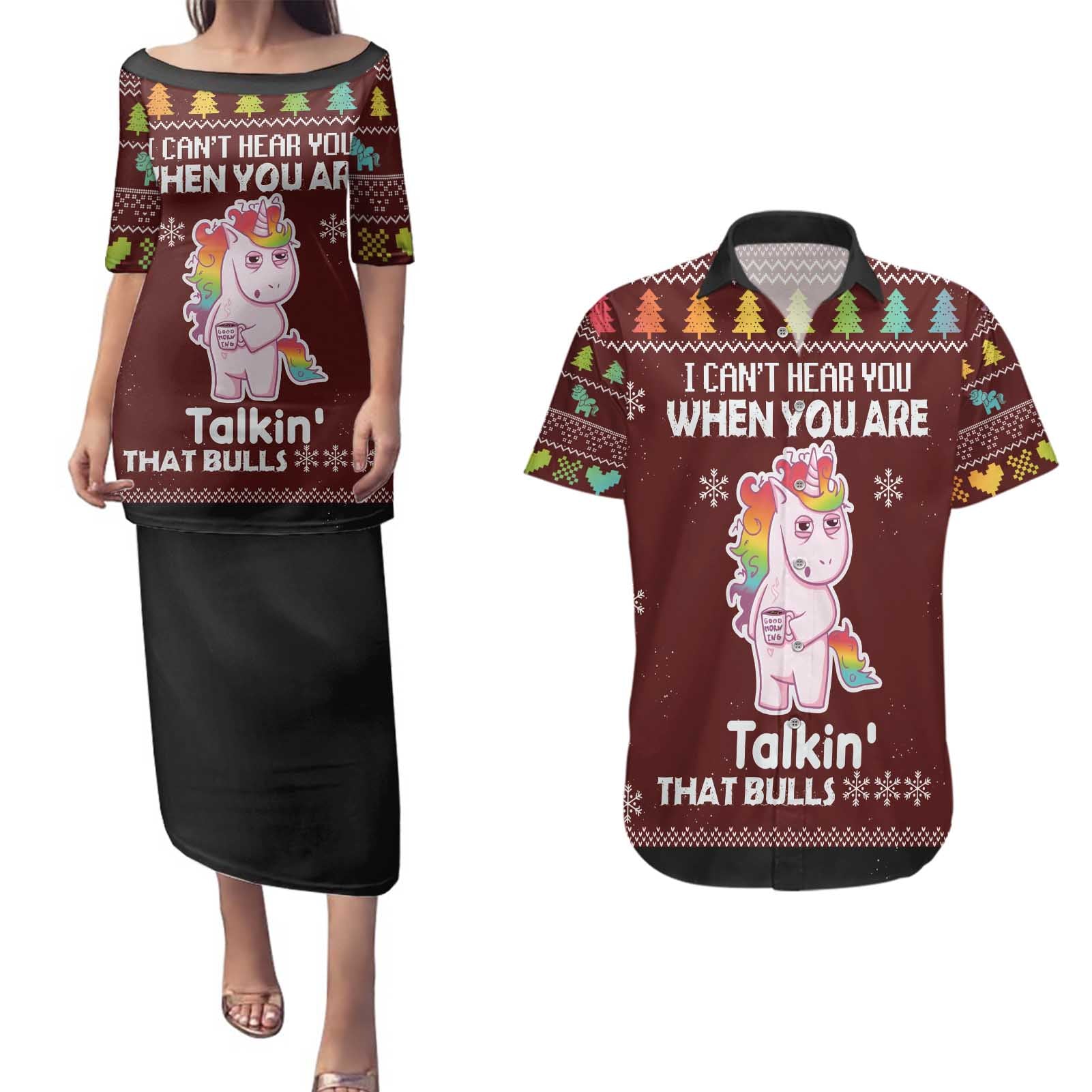 Cant Hear You Unicorn Christmas Couples Matching Puletasi and Hawaiian Shirt - Wonder Print Shop