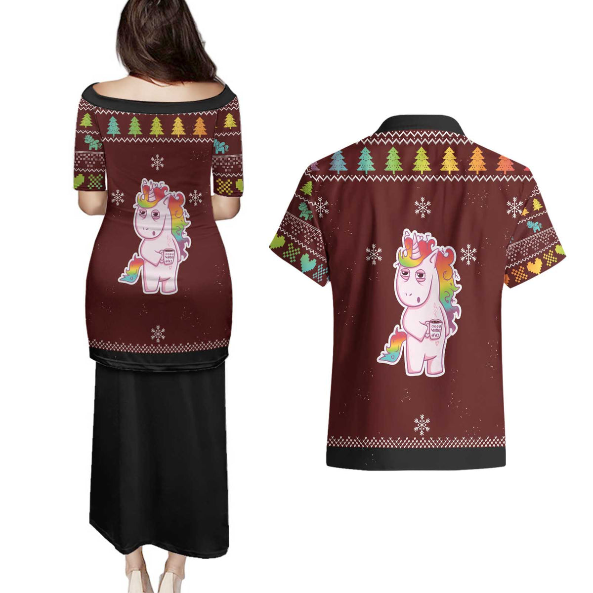 Cant Hear You Unicorn Christmas Couples Matching Puletasi and Hawaiian Shirt - Wonder Print Shop