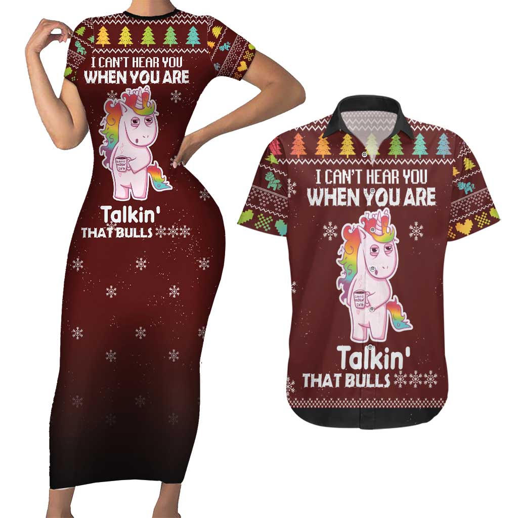 Cant Hear You Unicorn Christmas Couples Matching Short Sleeve Bodycon Dress and Hawaiian Shirt - Wonder Print Shop