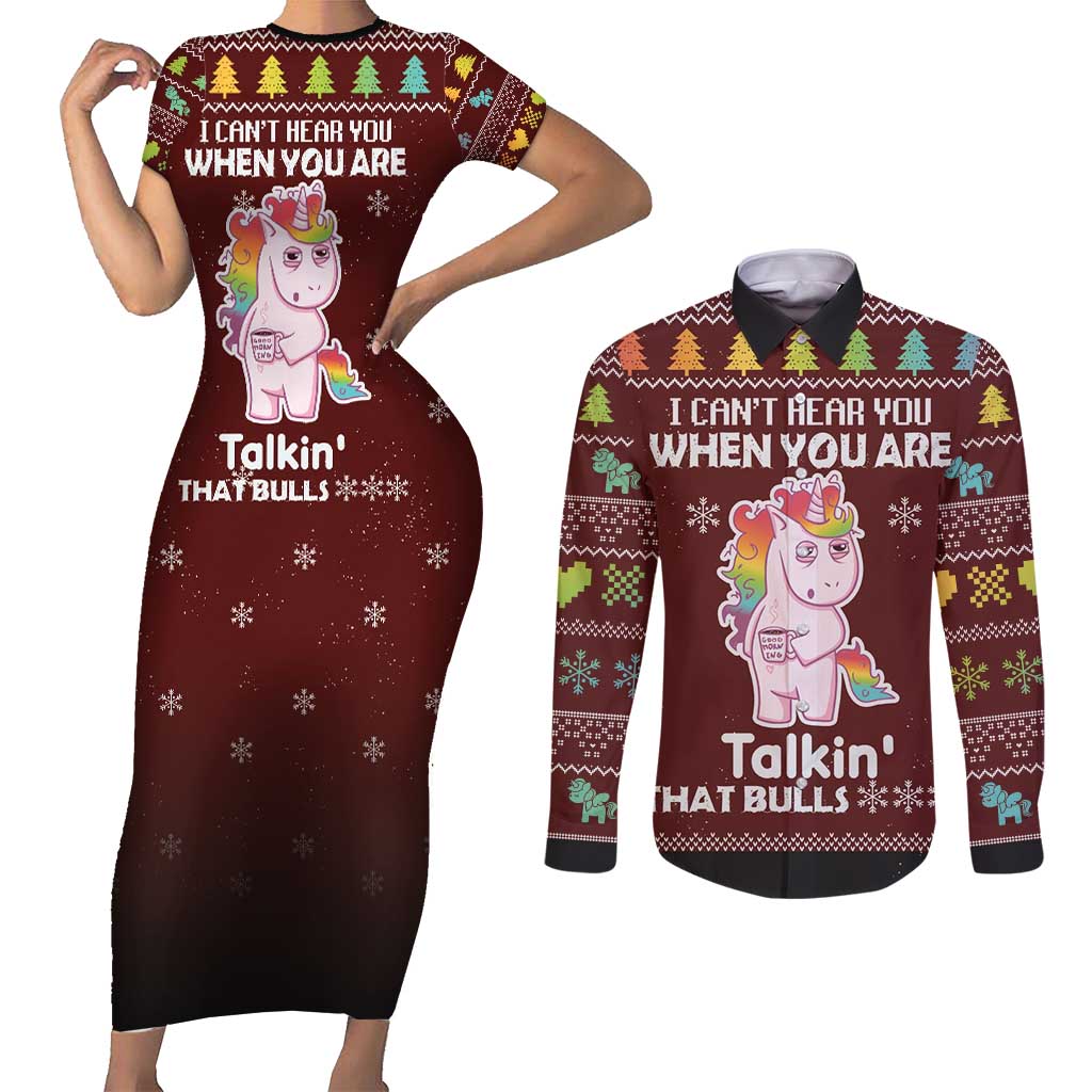 Cant Hear You Unicorn Christmas Couples Matching Short Sleeve Bodycon Dress and Long Sleeve Button Shirt - Wonder Print Shop