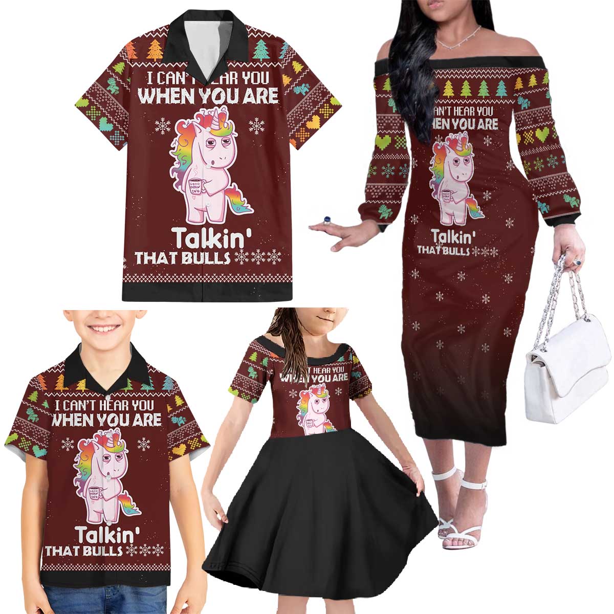 Cant Hear You Unicorn Christmas Family Matching Off The Shoulder Long Sleeve Dress and Hawaiian Shirt - Wonder Print Shop