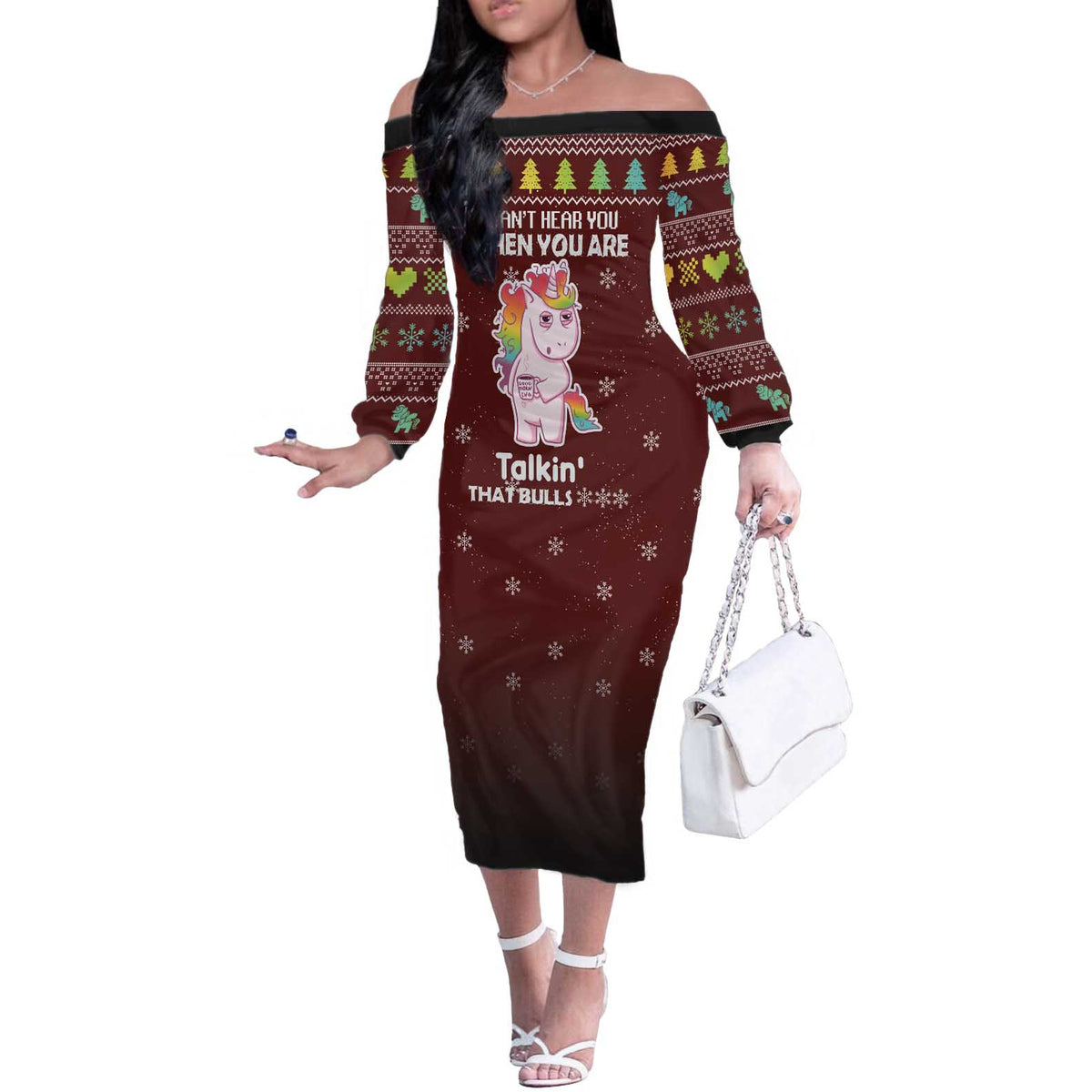 Cant Hear You Unicorn Christmas Off The Shoulder Long Sleeve Dress - Wonder Print Shop