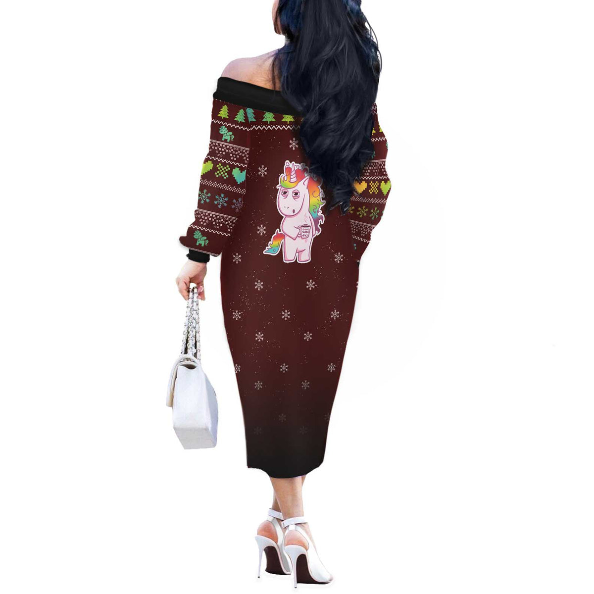 Cant Hear You Unicorn Christmas Off The Shoulder Long Sleeve Dress - Wonder Print Shop
