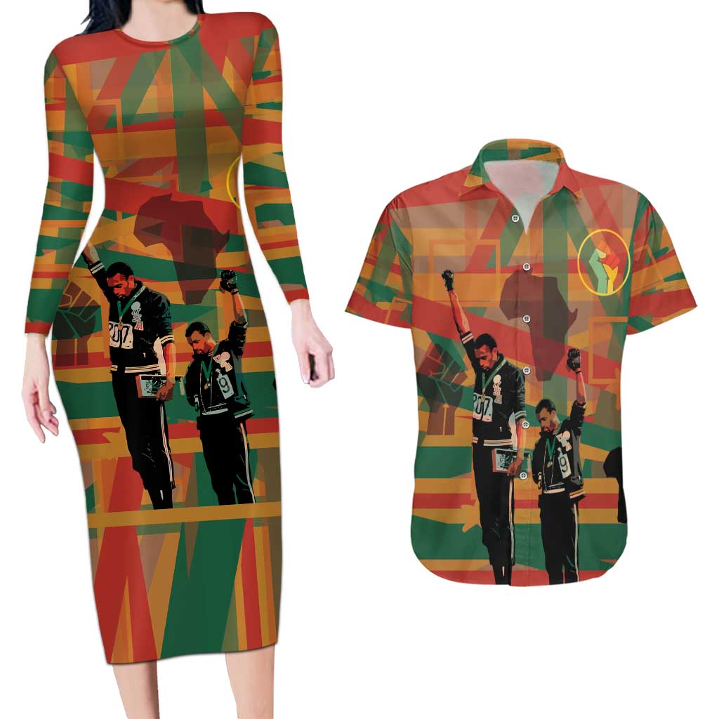 Black Power Fists of Freedom Couples Matching Long Sleeve Bodycon Dress and Hawaiian Shirt African American 1968
