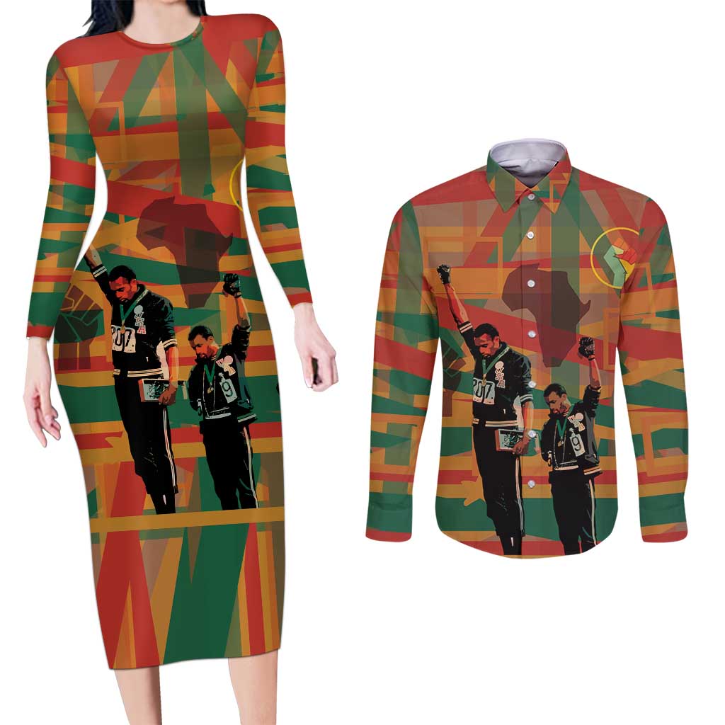 Black Power Fists of Freedom Couples Matching Long Sleeve Bodycon Dress and Long Sleeve Button Shirt African American 1968