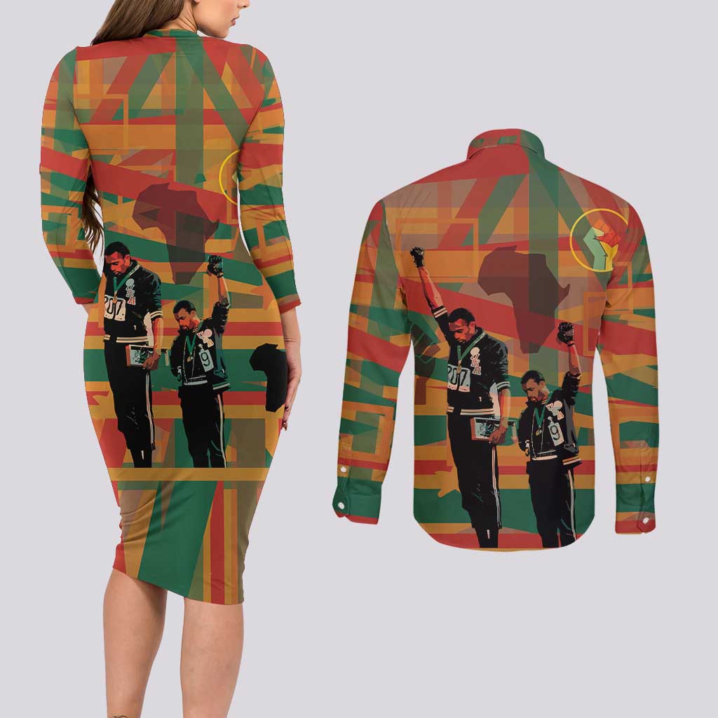 Black Power Fists of Freedom Couples Matching Long Sleeve Bodycon Dress and Long Sleeve Button Shirt African American 1968